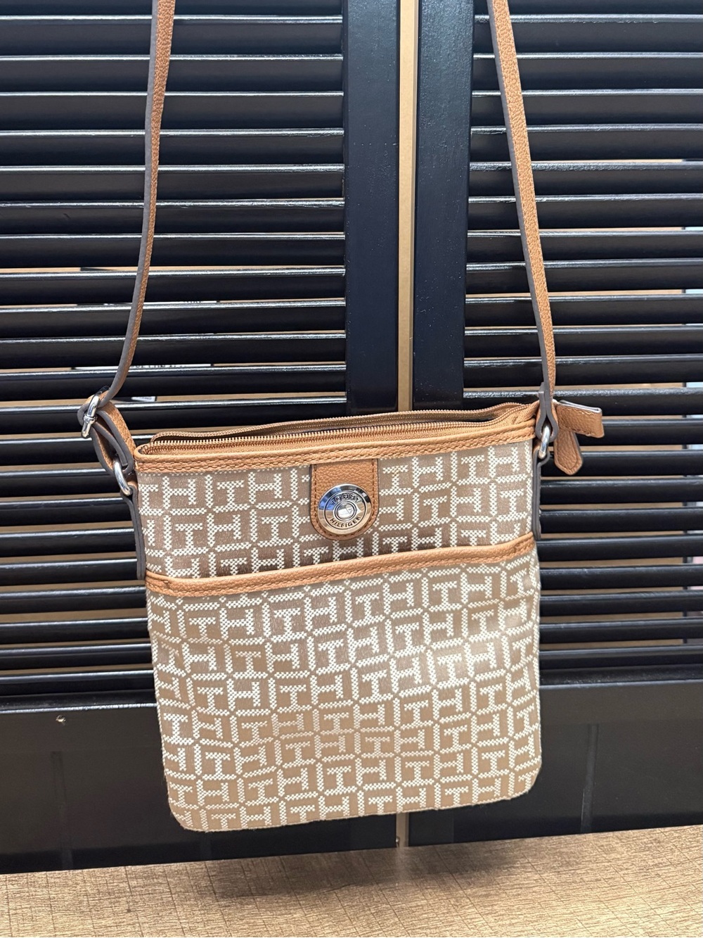 Tommy Hilfiger Tan and Cream Signature Jacquard Crossbody Bag